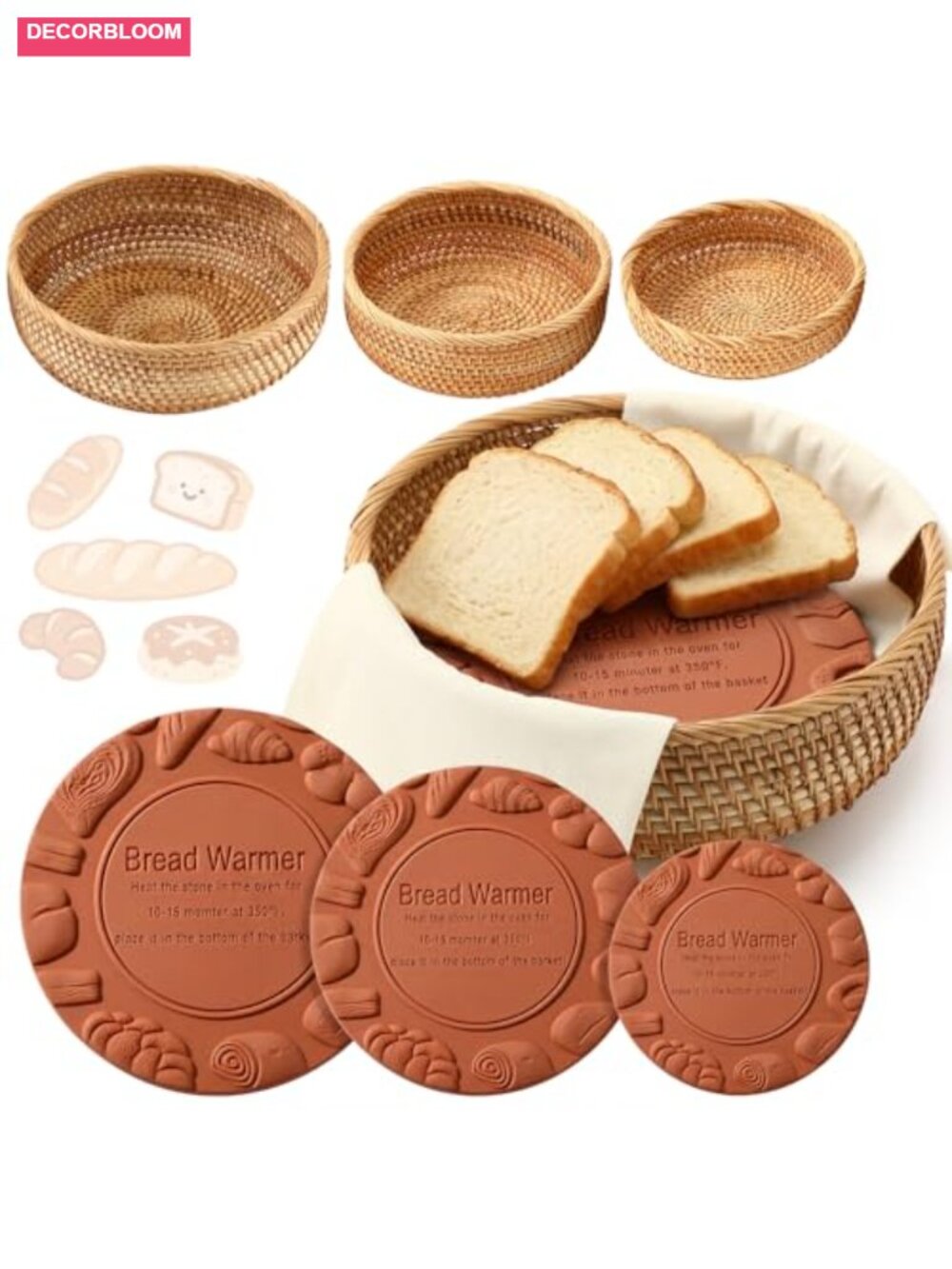 Rattan Bread Warmer Baskets Set of 3 with Clay Stones & Towels Kitchen Serveware